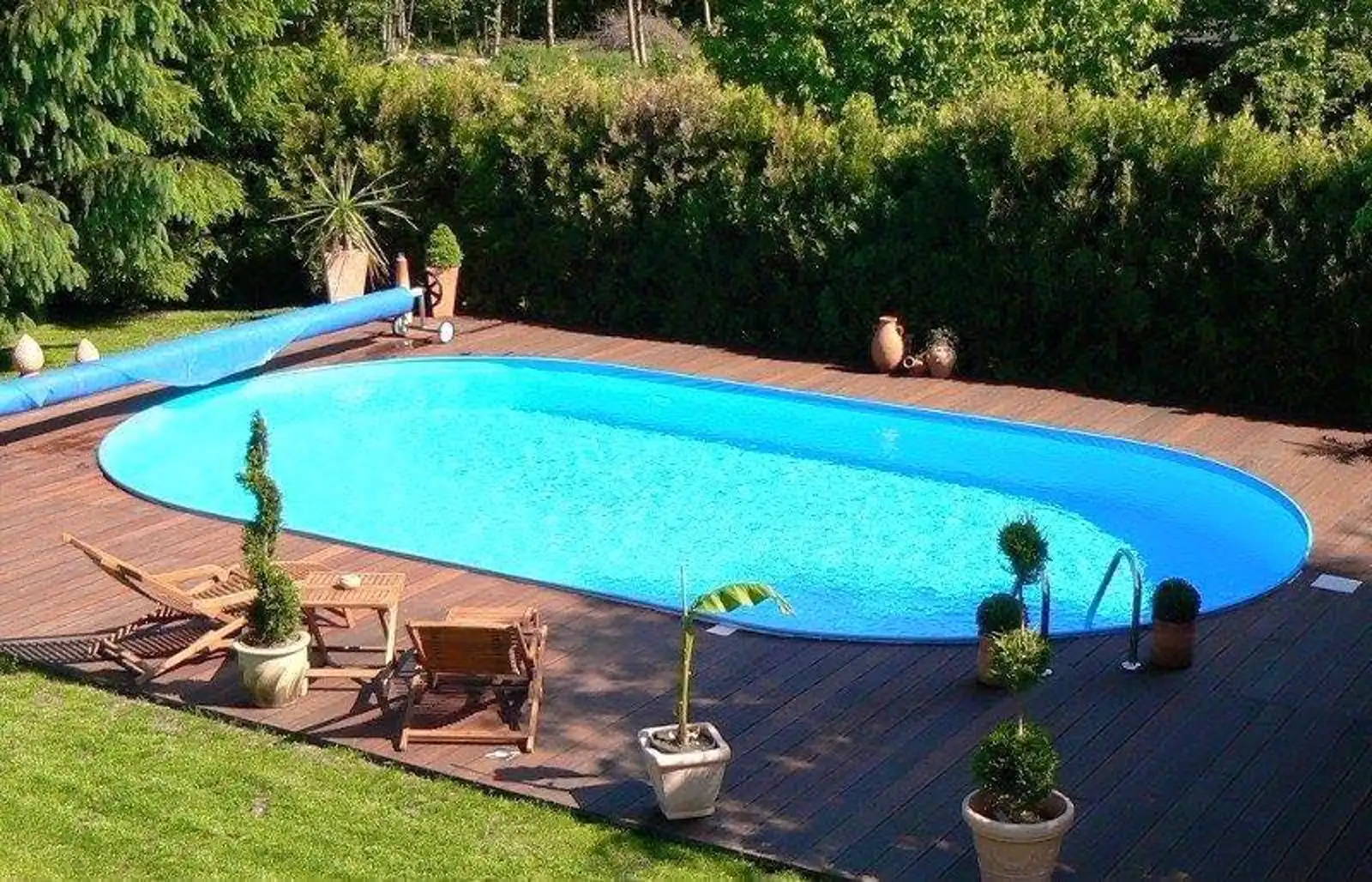 Oval formunda tamamlanmış bir Maldiv havuzu — ahşap deck, saksı peyzajı ve çim bahçe