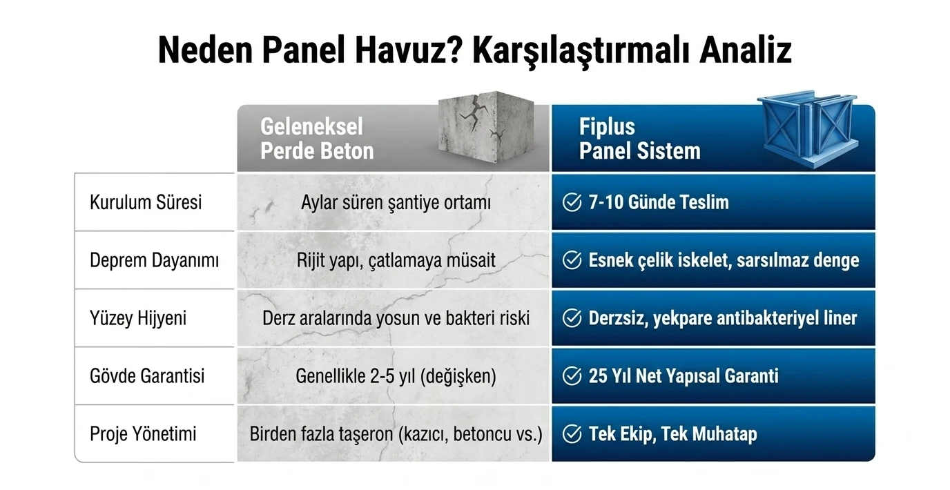 Neden panel havuz? Karşılaştırmalı analiz. Kurulum süresi: geleneksel perde betonda aylar süren şantiye, Fiplus panel sistemde 7-10 günde teslim. Deprem dayanımı: betonda rijit yapı ve çatlamaya müsait, Fiplus'ta esnek çelik iskelet. Yüzey hijyeni: betonda derz aralarında yosun ve bakteri riski, Fiplus'ta derzsiz yekpare antibakteriyel liner. Gövde garantisi: betonda genellikle 2-5 yıl, Fiplus'ta 25 yıl yapısal garanti. Proje yönetimi: betonda birden fazla taşeron, Fiplus'ta tek ekip tek muhatap.