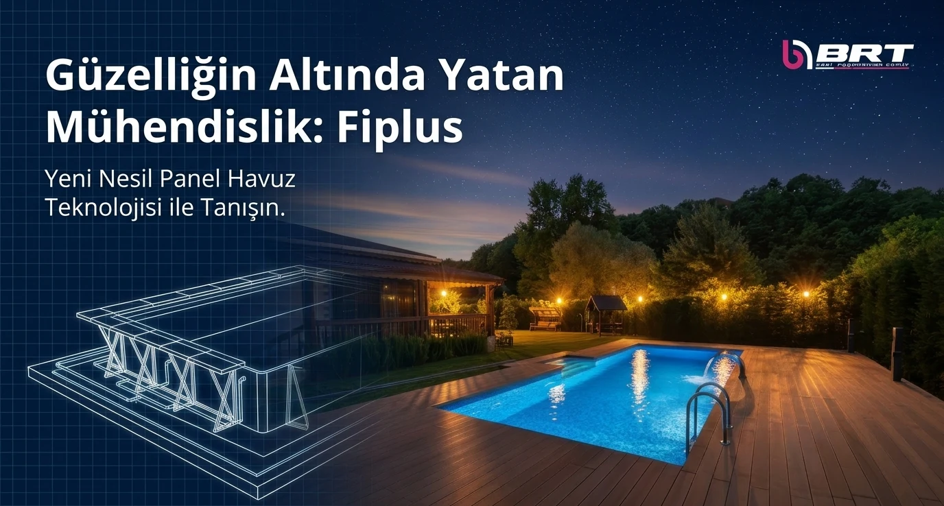 Güzelliğin Altında Yatan Mühendislik: Fiplus — yeni nesil panel havuz teknolojisi. Yıldızlı gökyüzü altında aydınlatılmış havuz ve gövde iskeletinin çizimi.