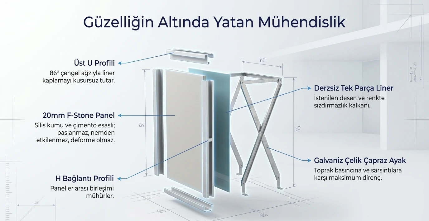 Fiplus gövde kesiti: üst U profili 86 derece çengel ağzıyla lineri tutar, 20 mm F-Stone panel silis kumu ve çimento esaslıdır, H bağlantı profili panel birleşimini mühürler, derzsiz tek parça liner sızdırmazlığı sağlar, galvaniz çelik çapraz ayak toprak basıncına direnir.
