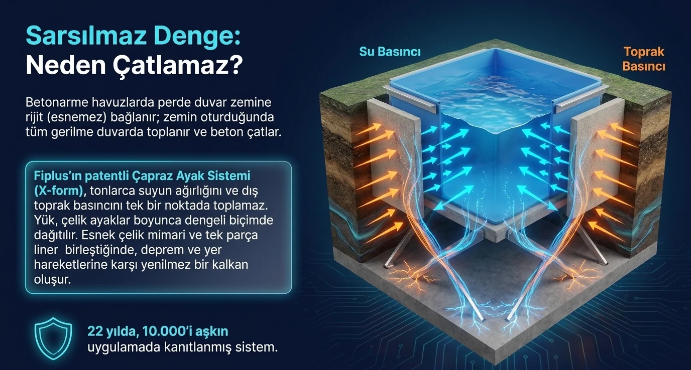 Sarsılmaz denge: neden çatlamaz? Betonarme havuzlarda perde duvar zemine rijit bağlanır; zemin oturduğunda tüm gerilme duvarda toplanır ve beton çatlar. Fiplus'ın çapraz ayak sistemi (X-form) tonlarca suyun ağırlığını ve dış toprak basıncını tek noktada toplamaz, yük çelik ayaklar boyunca dengeli dağıtılır. 22 yılda 10.000'i aşkın uygulamada kanıtlanmış sistem.