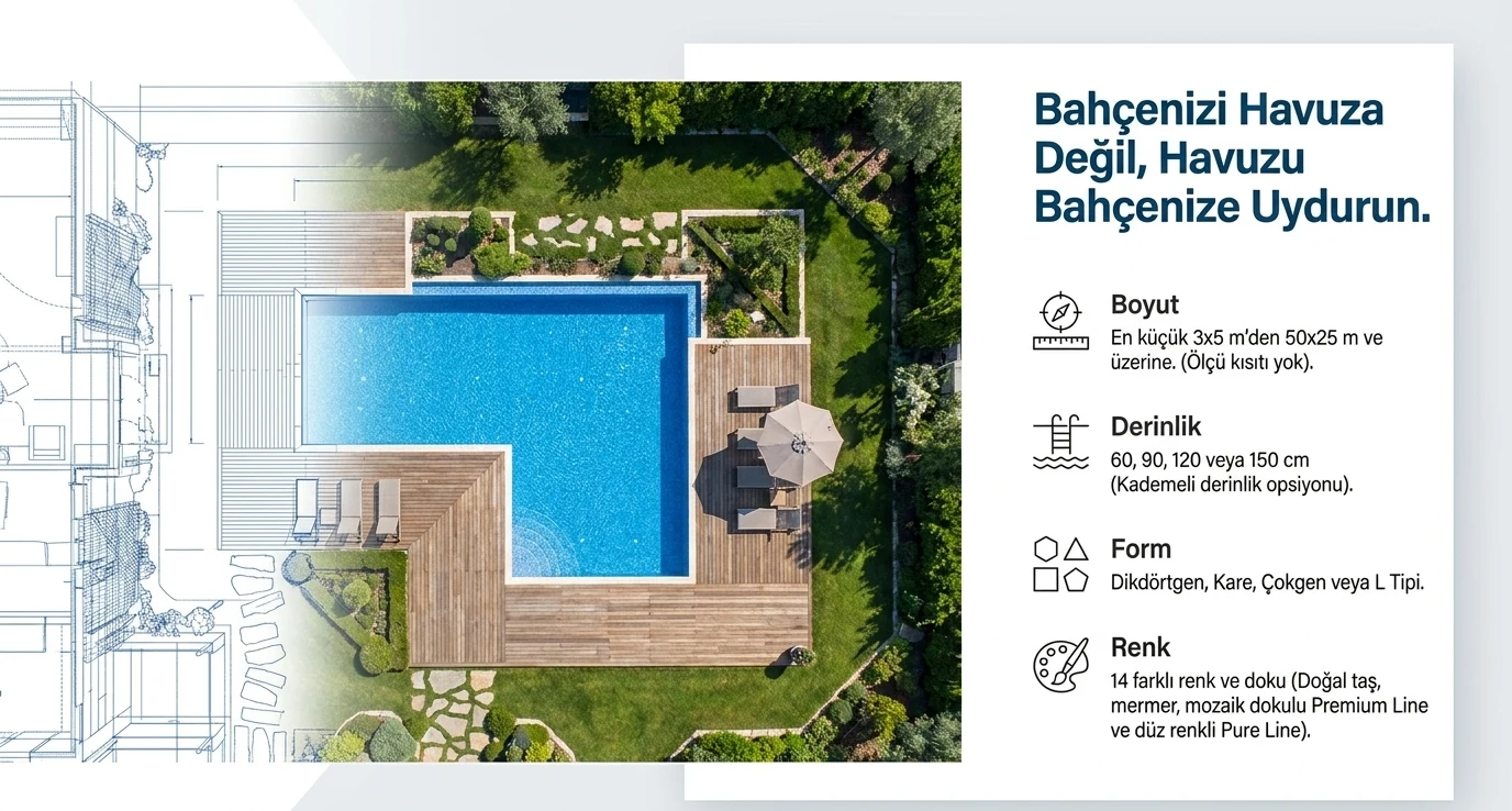 Bahçenizi havuza değil, havuzu bahçenize uydurun: boyut 3x5 metreden 50x25 metre ve üzerine, derinlik 60-90-120-150 cm kademeli seçenekli, form dikdörtgen kare çokgen veya L tipi, renk 14 farklı doku — Premium Line ve Pure Line.