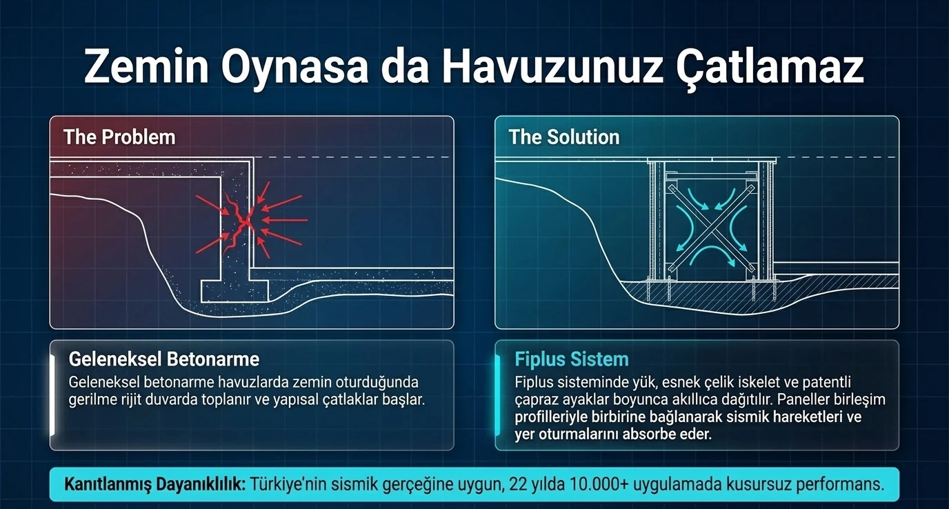 Zemin oynasa da havuzunuz çatlamaz. Sorun: geleneksel betonarme havuzlarda zemin oturduğunda gerilme rijit duvarda toplanır ve yapısal çatlaklar başlar. Çözüm: Fiplus sisteminde yük esnek çelik iskelet ve çapraz ayaklar boyunca dağıtılır; paneller birleşim profilleriyle bağlanarak sismik hareketleri ve yer oturmalarını absorbe eder. Türkiye'nin sismik gerçeğine uygun, 22 yılda 10.000'den fazla uygulama.